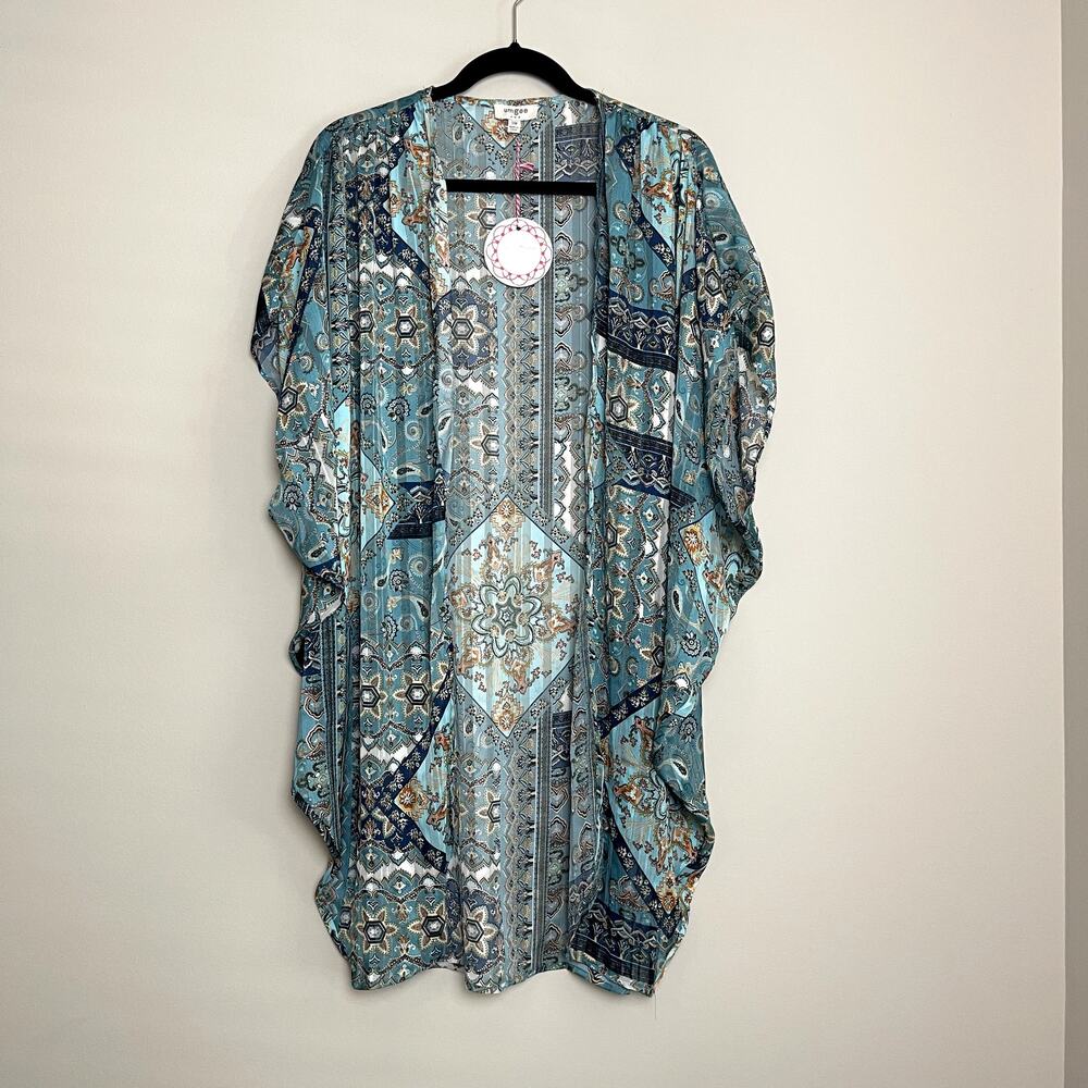 NWT Umgee Boho Blue Paisley Open Front Western Light Weight Kimono Sz S/M